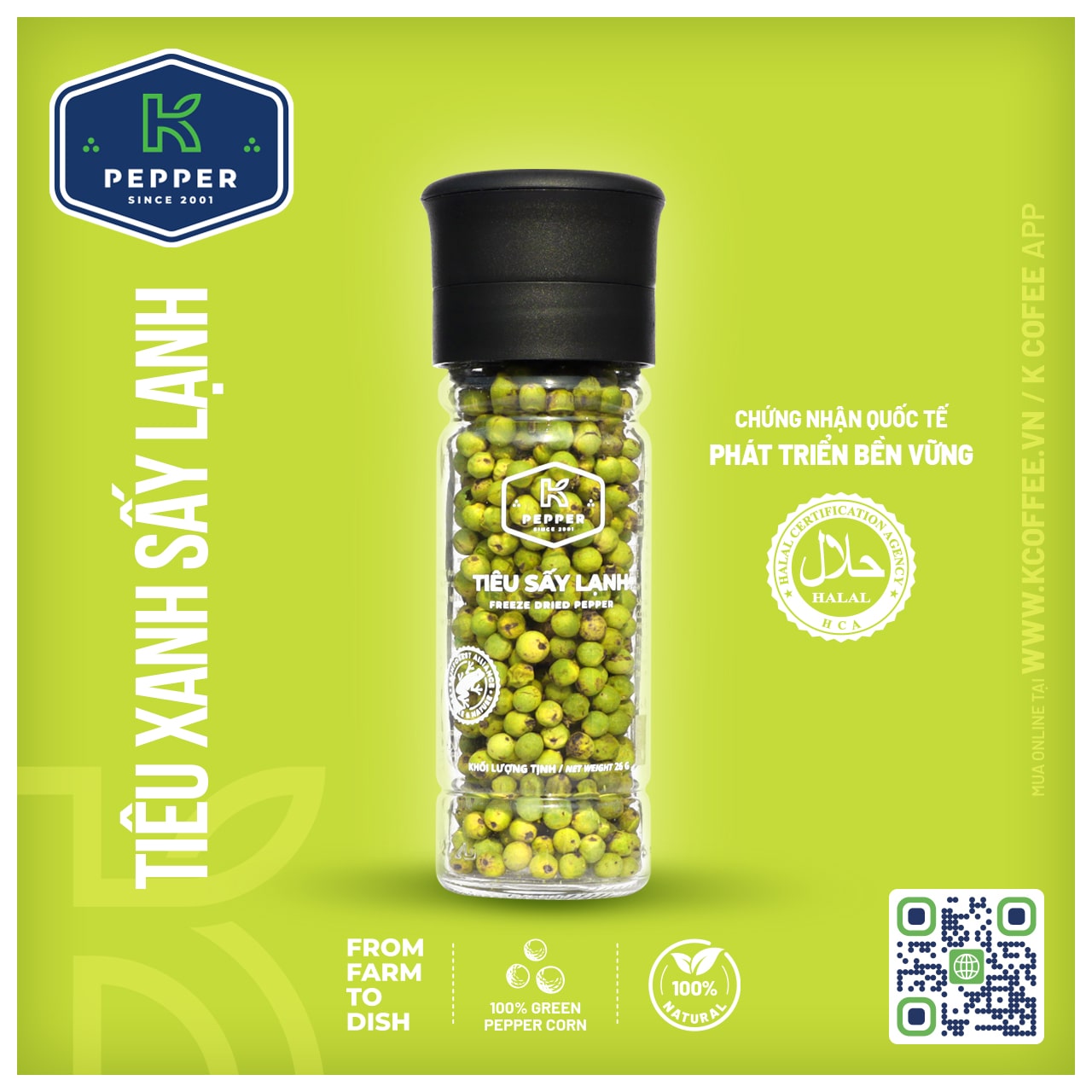 TIÊU XANH SẤY LẠNH K PEPPER 26 G + CỐI XAY TIÊU