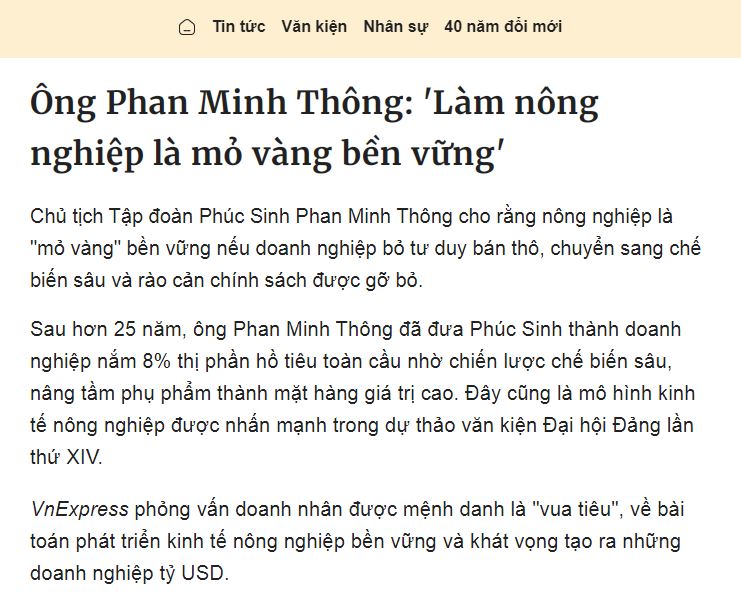 Ông Phan Minh Thông: 'Làm nông nghiệp là mỏ vàng bền vững'