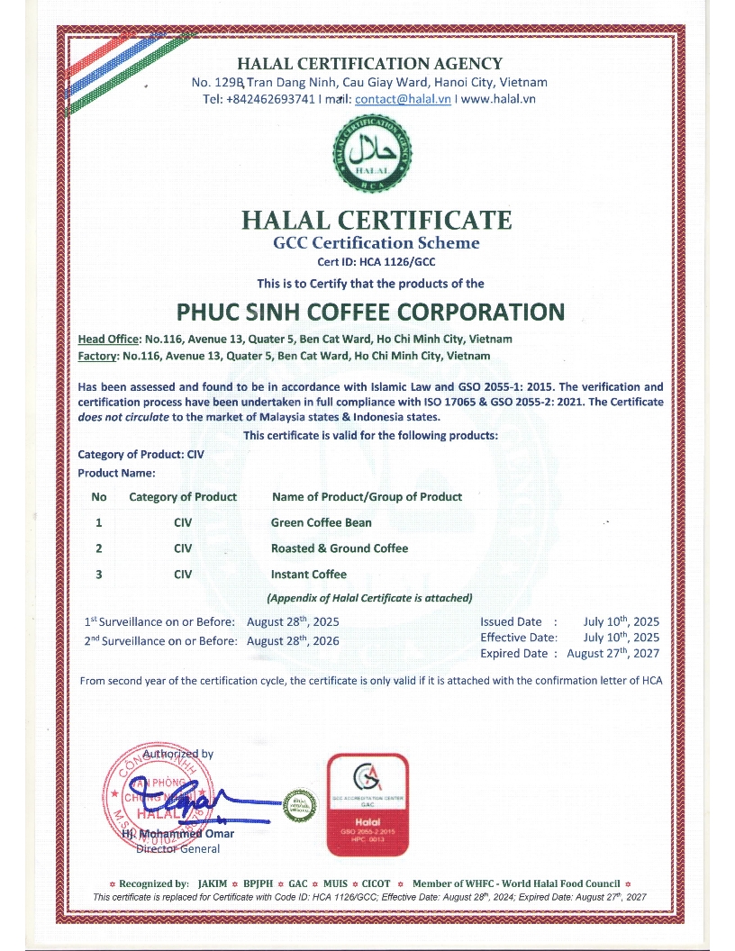 HALAL - CERTIFICATE PHUCSINH COFFEE 1